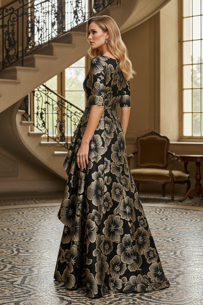 Floral Jacquard Evening Gown with Side-Draped Ruffle Skirt