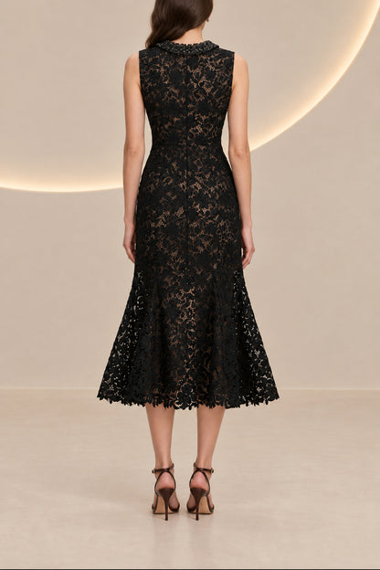 Beaded High Neck Lace Trumpet Midi Dress