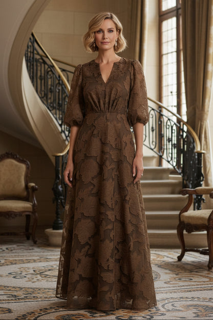 Floral Jacquard V-Neck Maxi Dress with Puff Sleeves