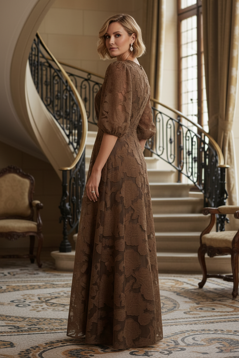 Floral Jacquard V-Neck Maxi Dress with Puff Sleeves
