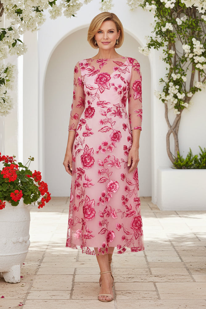 Floral Embroidered Mesh Midi Dress with Illusion Sleeves