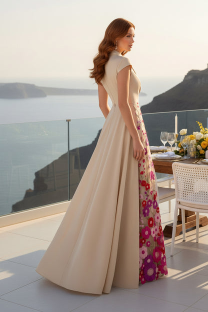 Floral Embroidered Lapel Collar A-Line Gown