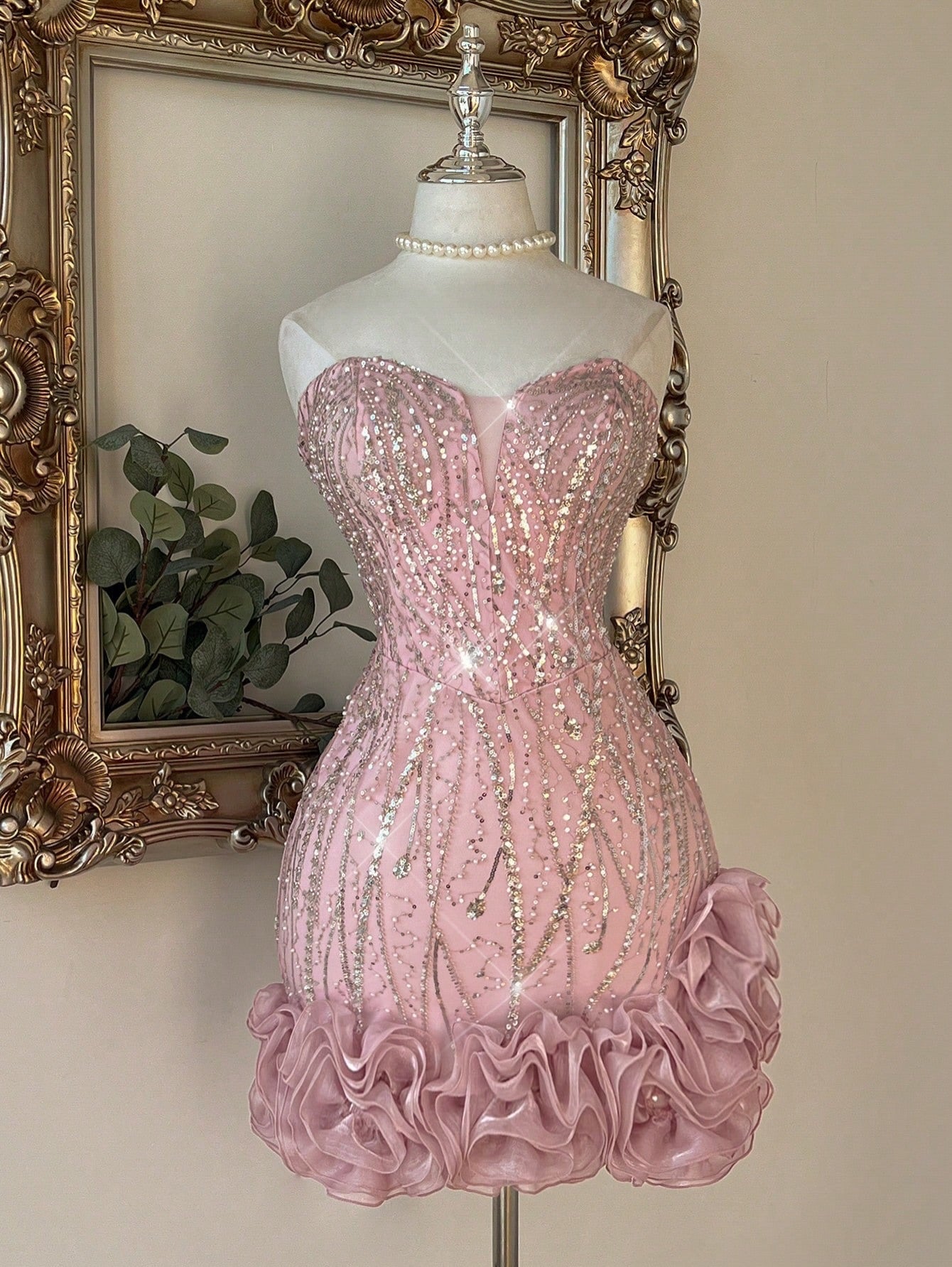 Strapless Sweetheart Sequin Ruffle Mini Dress
