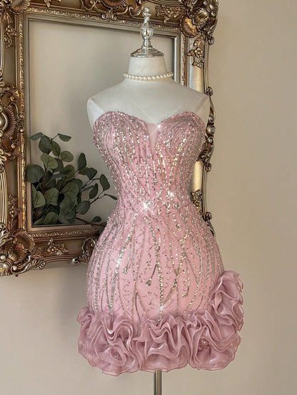 Strapless Sweetheart Sequin Ruffle Mini Dress