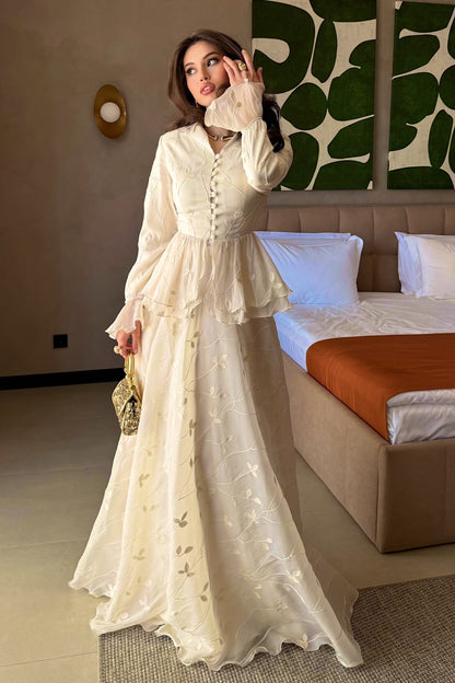 Embroidered Peplum Maxi Dress with Flared Sleeves