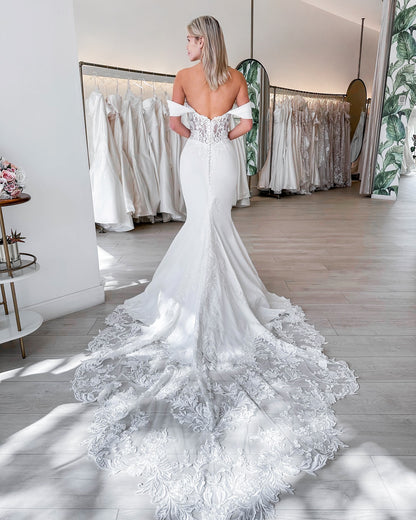 Off-the-Shoulder Mermaid Wedding Dress with Lace Train