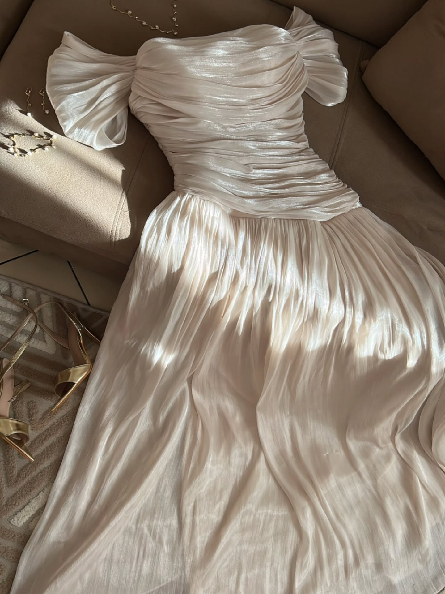 Ruched Off-the-Shoulder Pleated Maxi Gown