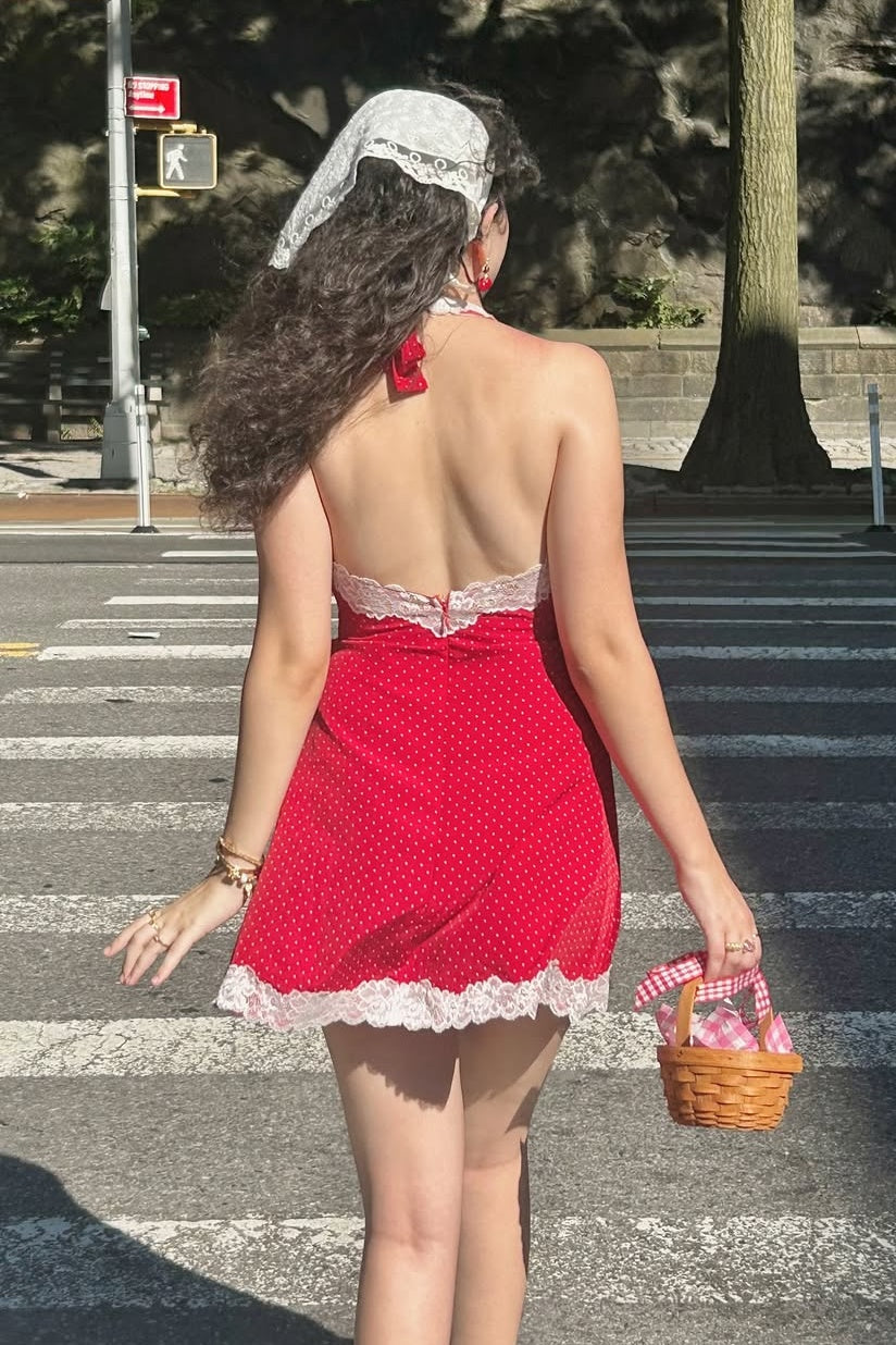 Vintage Inspired Halter Mini Dress with Lace Trim