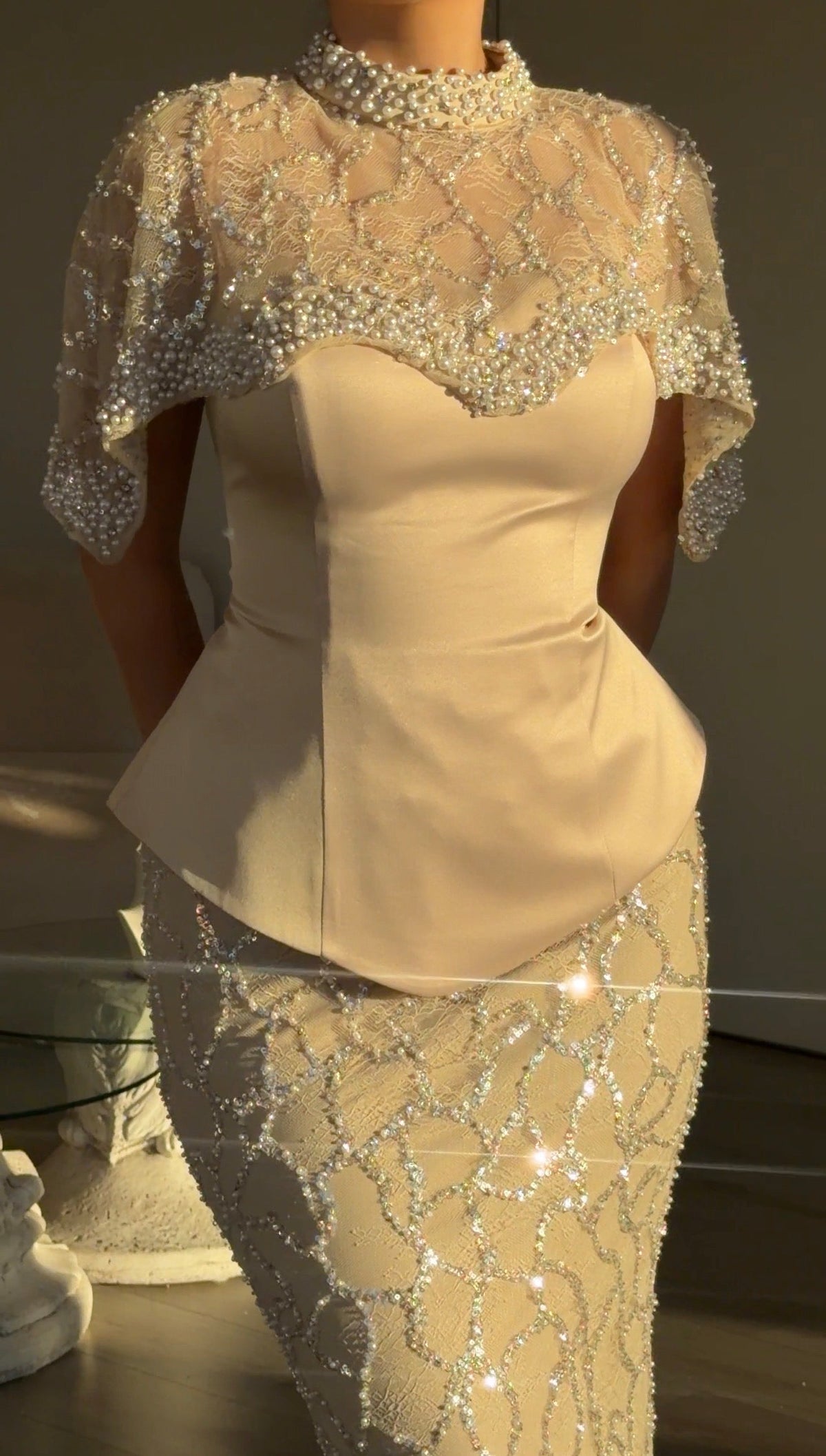 Peplum Mermaid Gown with Pearl Capelet