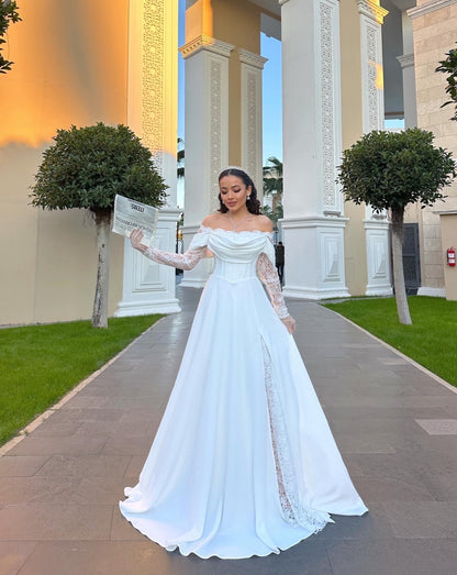 Off-Shoulder Lace Sleeve A-Line Wedding Dress