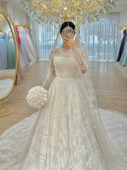 Long Sleeve Lace Illusion Ball Gown Wedding Dress