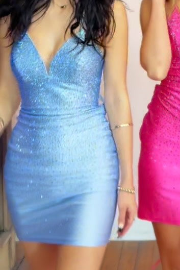 Sparkly V-Neck Spaghetti Strap Mini Dress
