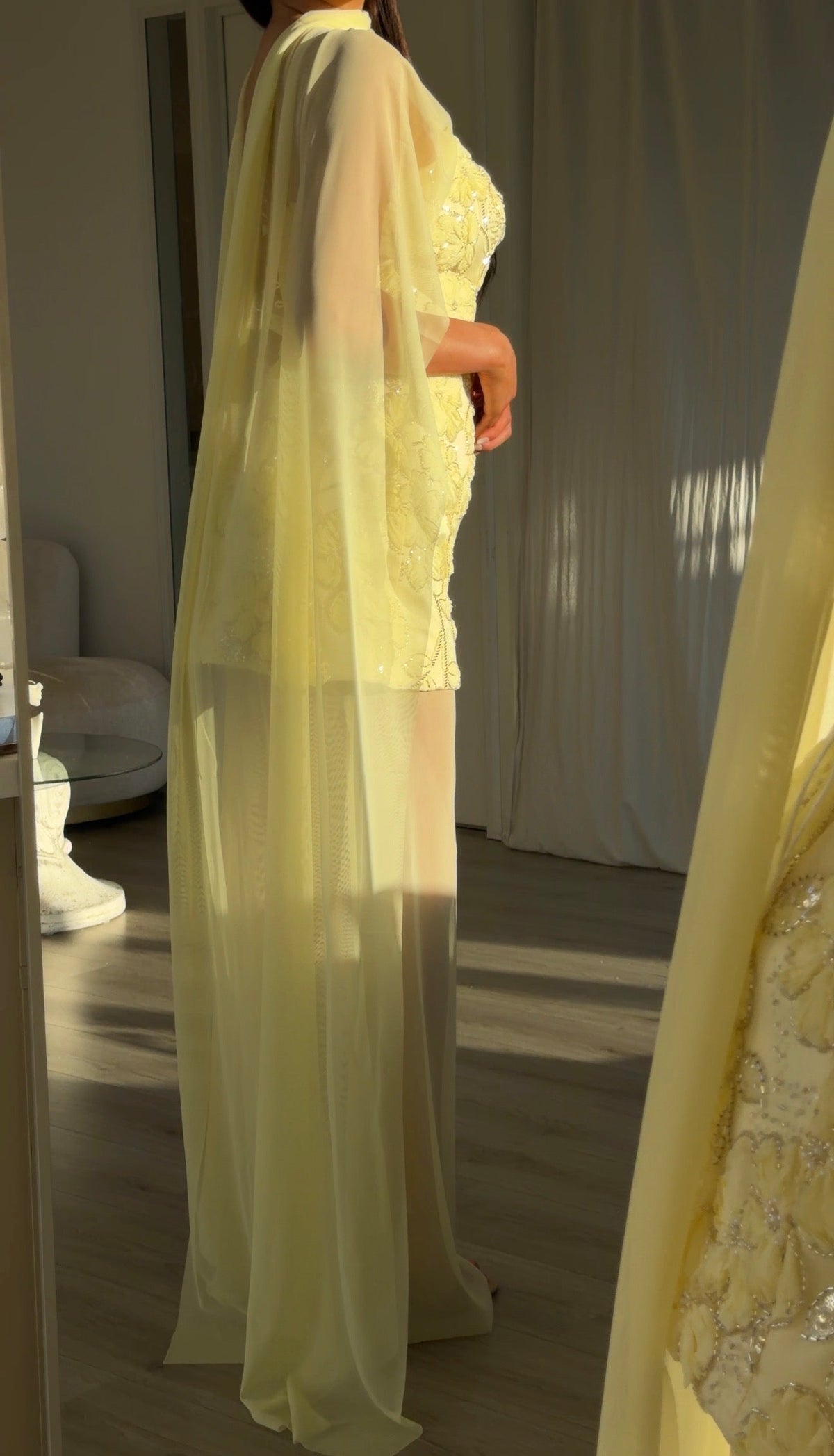 Floral Applique Gown with Sheer Skirt & Cape