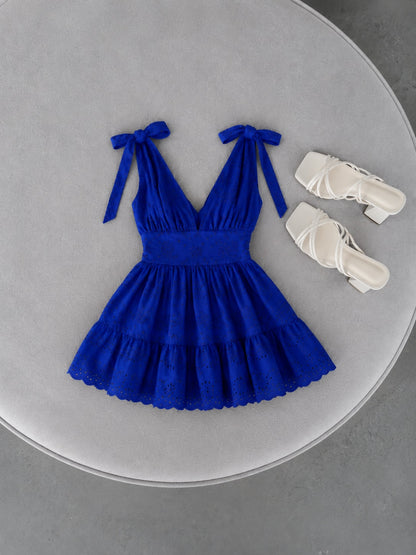 Embroidered Eyelet Tie-Strap Mini Dress