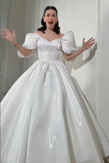 Off-the-Shoulder Satin Ball Gown Wedding Dress