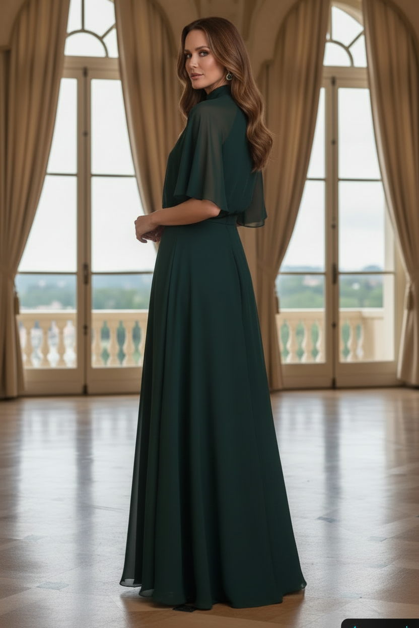 High Neck Flutter Sleeve Floor-Length Evening Gown