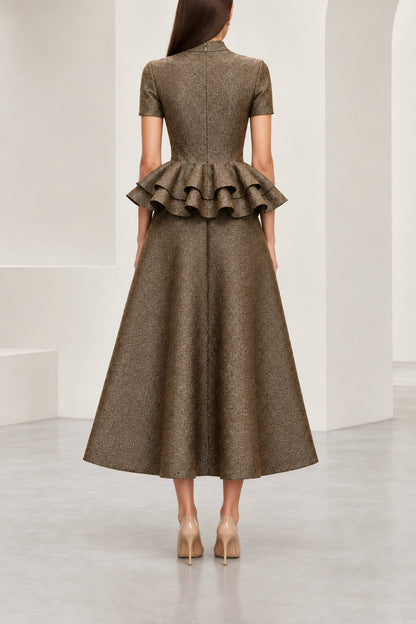 Tiered Peplum High Neck Midi Dress