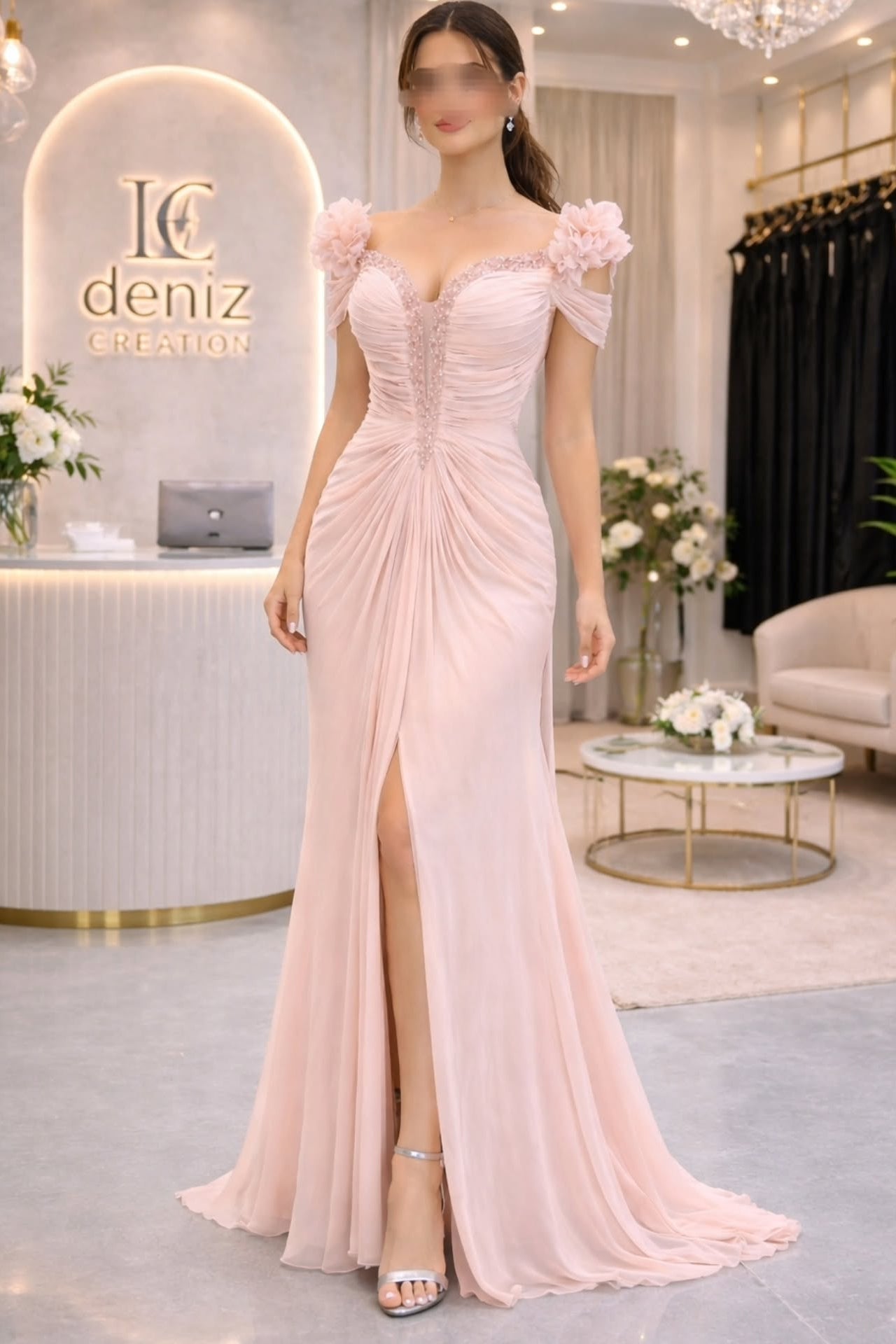 Off-Shoulder Ruched Evening Gown with Slit