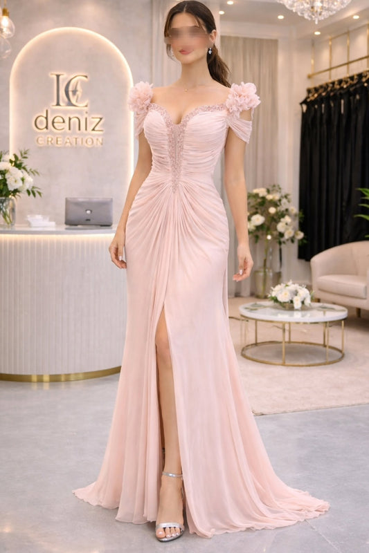 Off-Shoulder Ruched Evening Gown with Slit