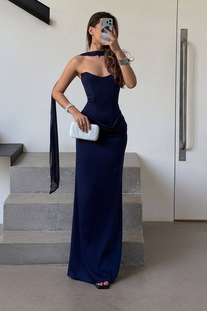 Strapless Column Gown with Draped Waist & Scarf