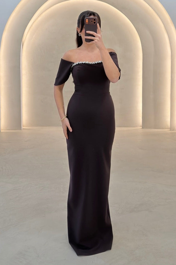 Rhinestone Trim Off-the-Shoulder Column Gown