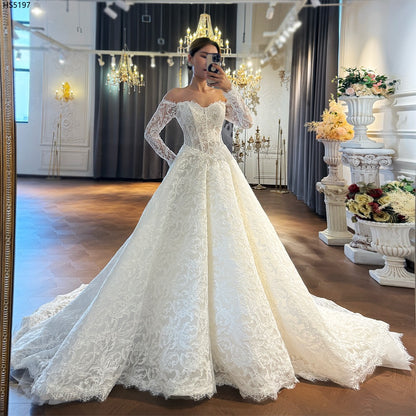 Off-Shoulder Lace Long Sleeve Ball Gown Wedding Dress