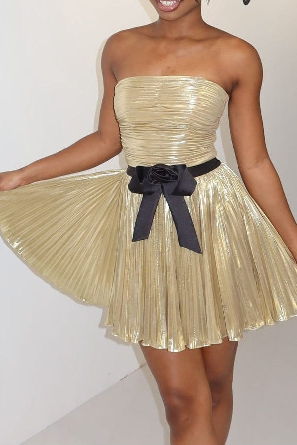 Metallic Pleated Strapless Fit & Flare Mini Dress