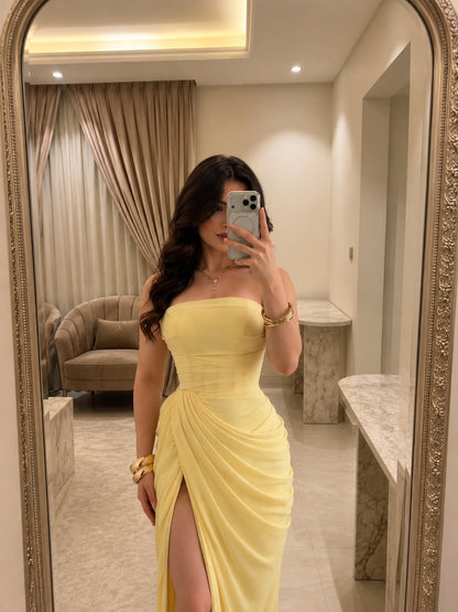 Strapless Draped Corset Gown with High Slit