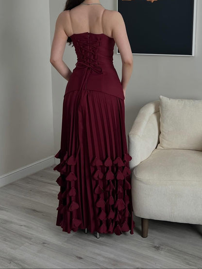 Corset Pleated Evening Gown with Tiered Appliques