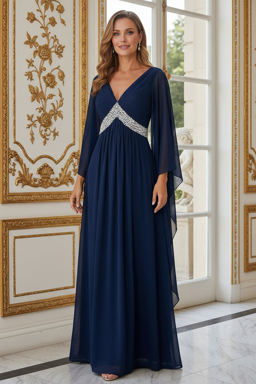 Beaded Waist Cape Sleeve Chiffon Maxi Gown