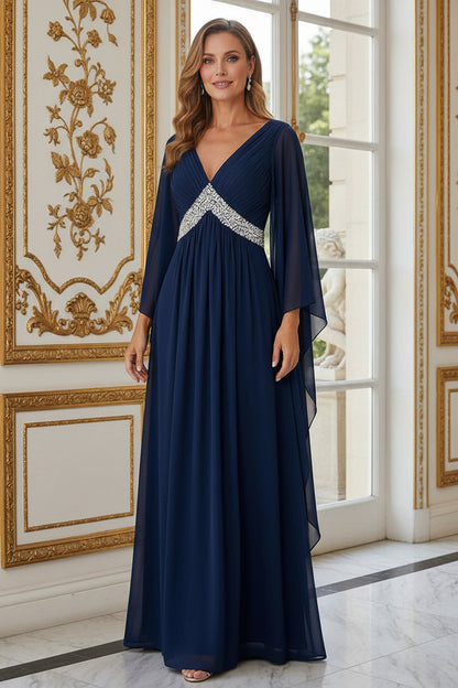 Beaded Waist Cape Sleeve Chiffon Maxi Gown