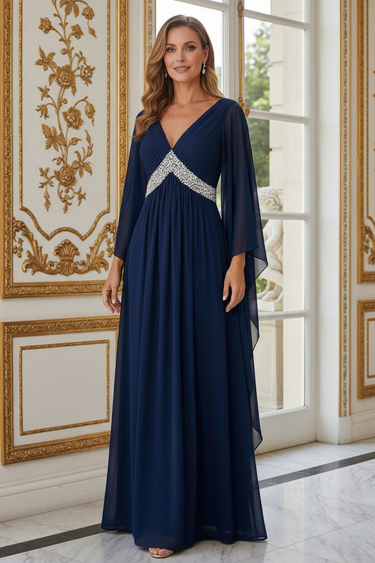 Beaded Waist Cape Sleeve Chiffon Maxi Gown