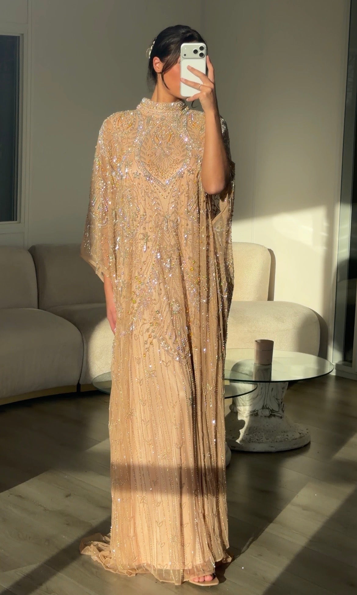 Beaded High Neck Cape Sleeve Evening Gown
