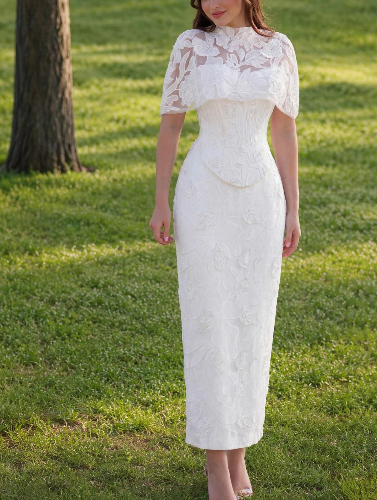Floral Embroidered Capelet Ankle-Length Dress