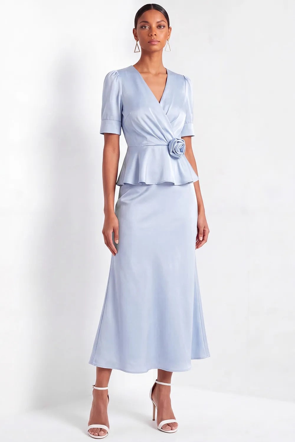 Satin Peplum Midi Dress with Rosette Accent