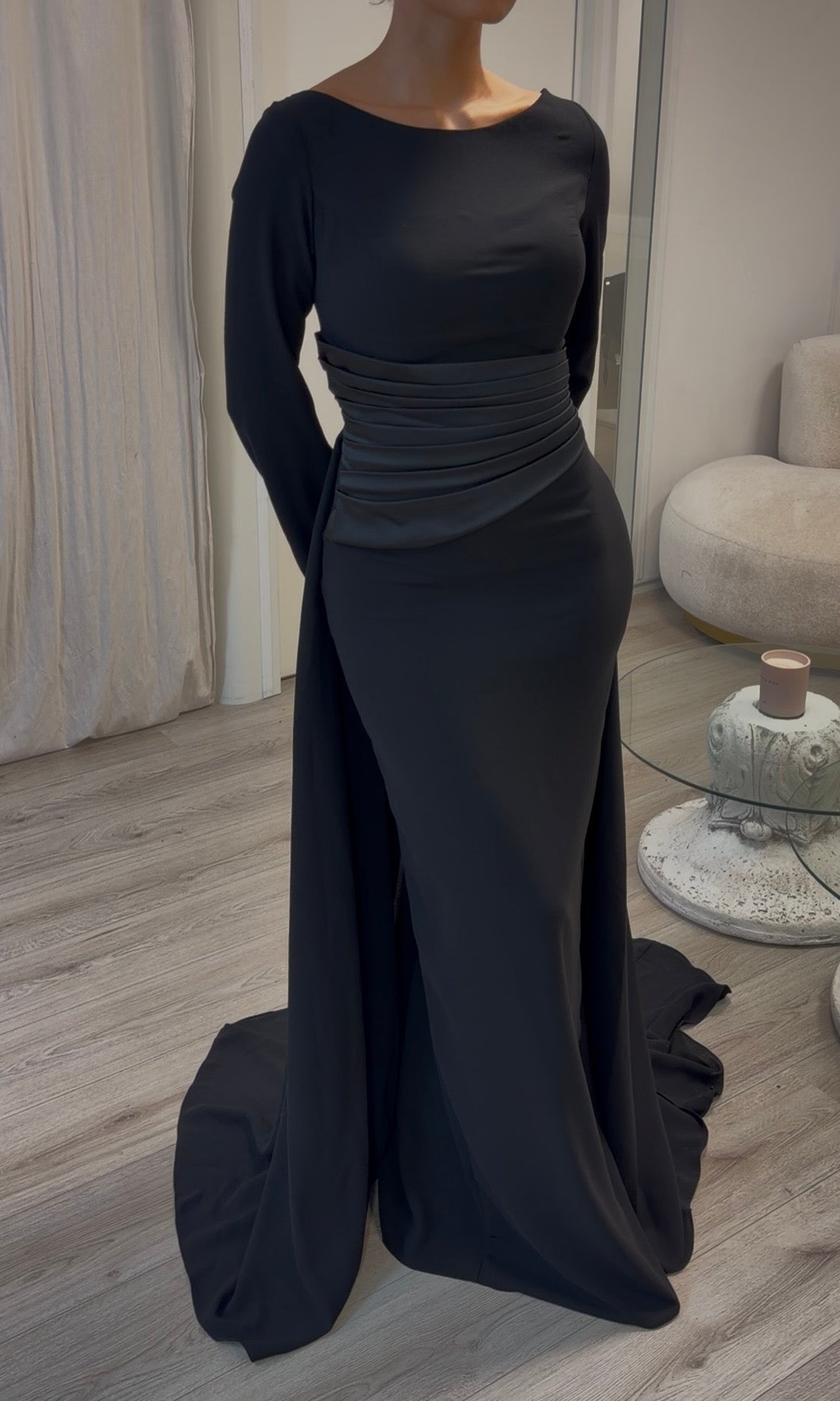 Long Sleeve Column Gown with Pleated Waistband