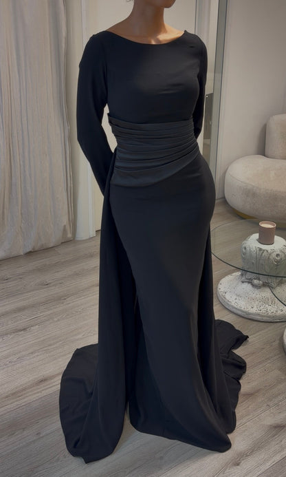 Long Sleeve Column Gown with Pleated Waistband