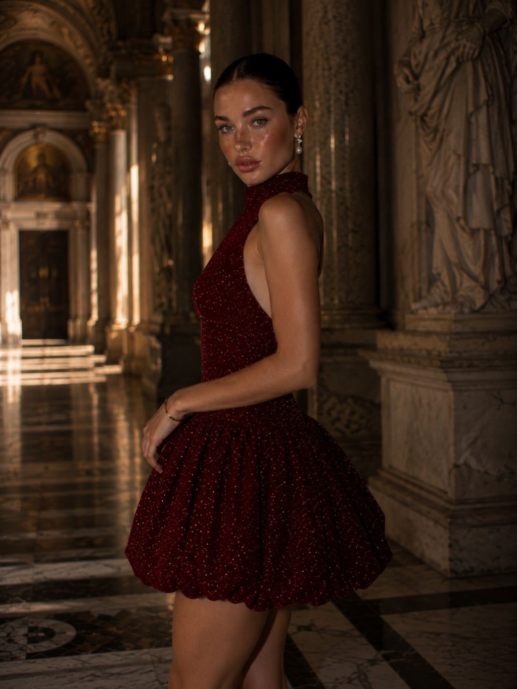 Glitter High Neck Backless Bubble Mini Dress
