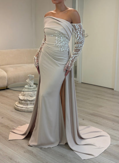Off-the-Shoulder Ruched Gown with Embellished Sleeves