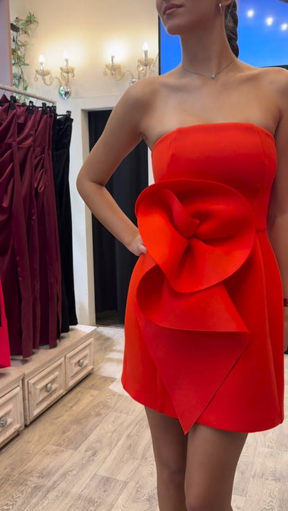 Strapless Mini Dress with 3D Rose Applique