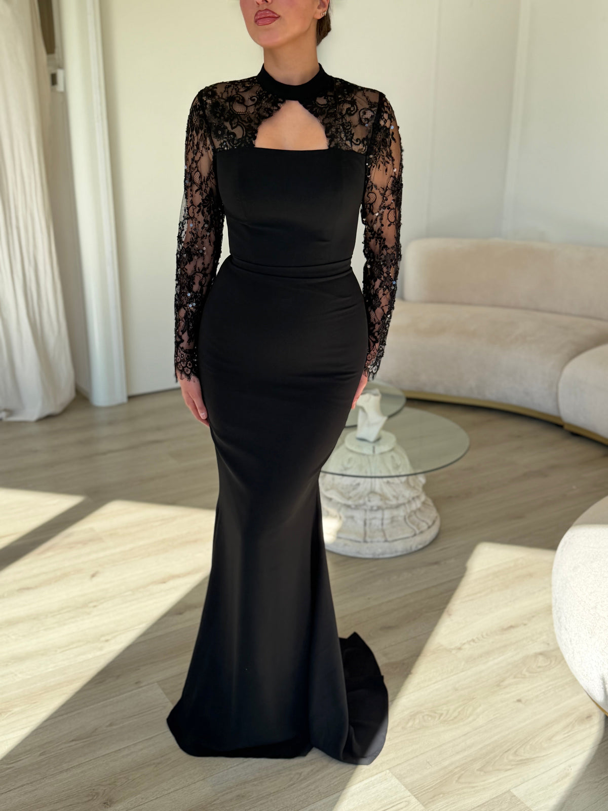 Lace-Yoke Long Sleeve Mermaid Evening Gown