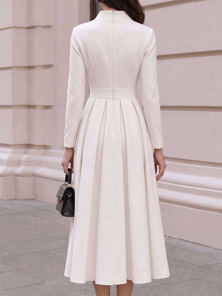 High-Neck Pleated A-Line Midi Dress with Long Sleeves
