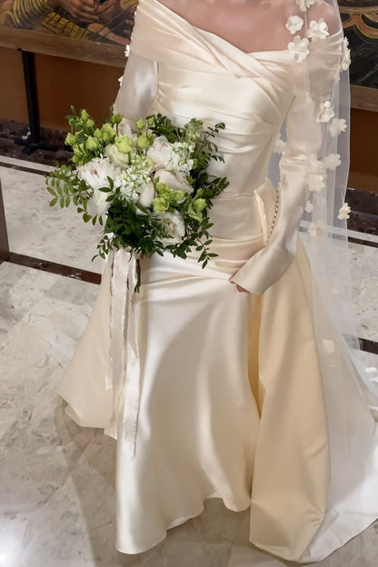 Off-the-Shoulder Long Sleeve Pleated Satin Bridal Gown