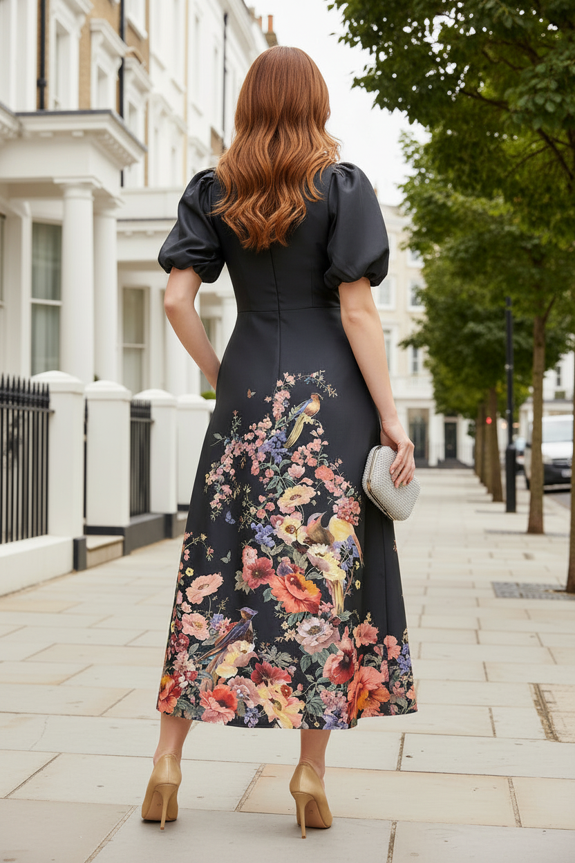 Floral Print Puff Sleeve Midi Dress with Pockets