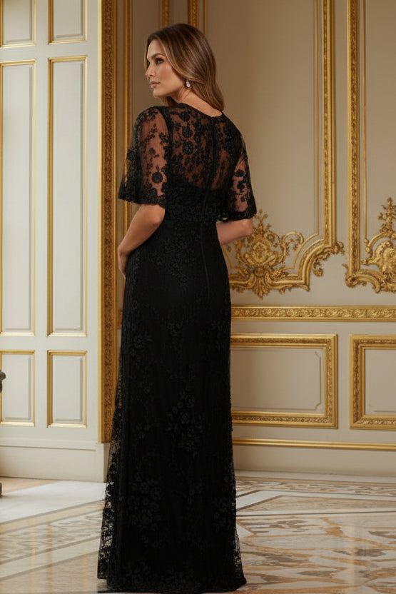 Floral Lace Flutter Sleeve Floor-Length Gown