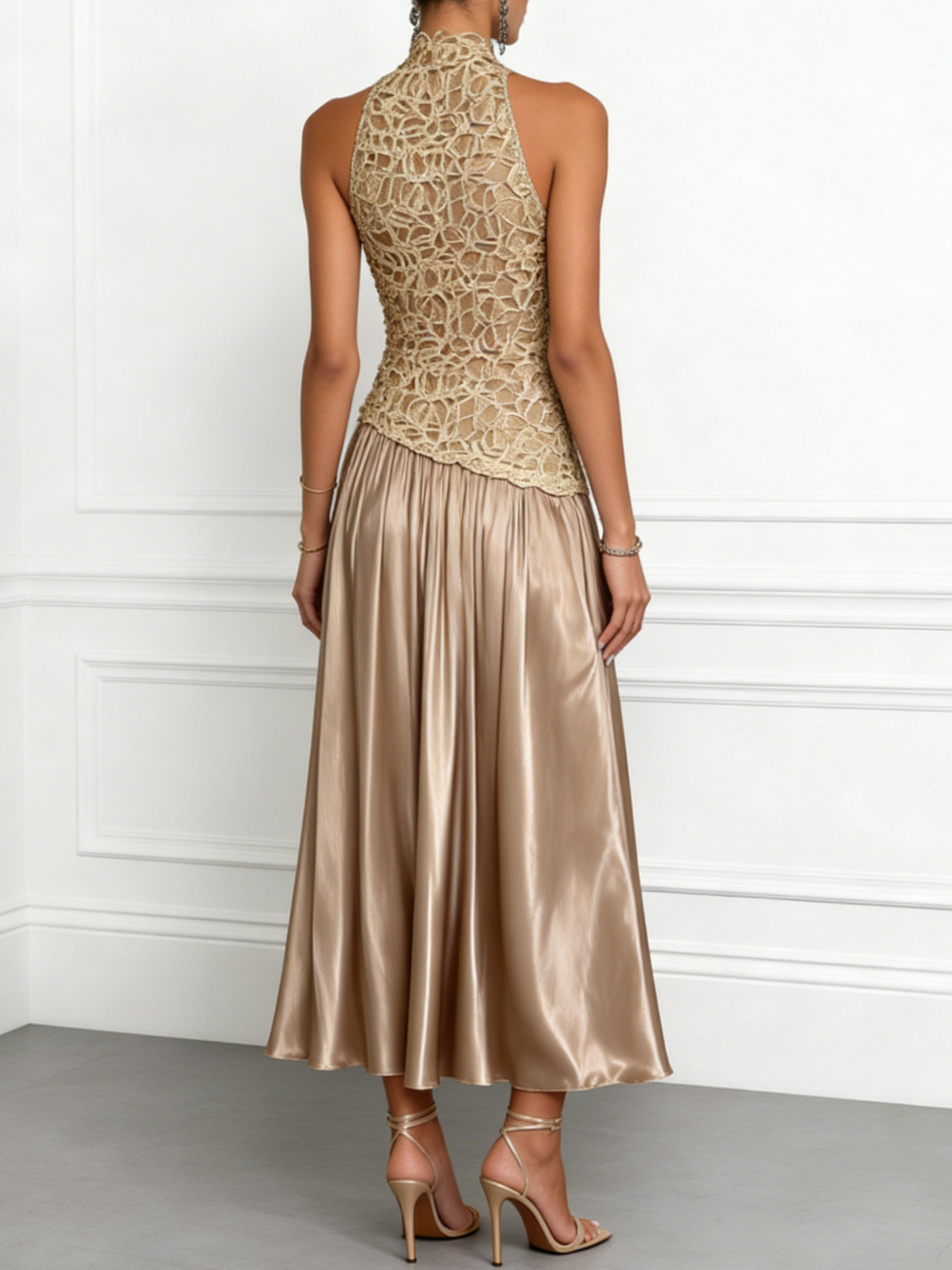 High Neck Lace Bodice Satin Midi Dress