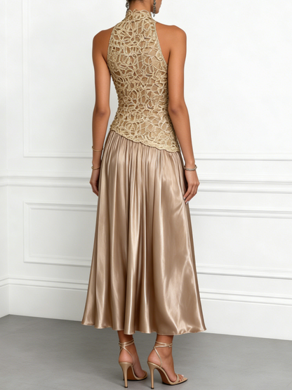 High Neck Lace Bodice Satin Midi Dress