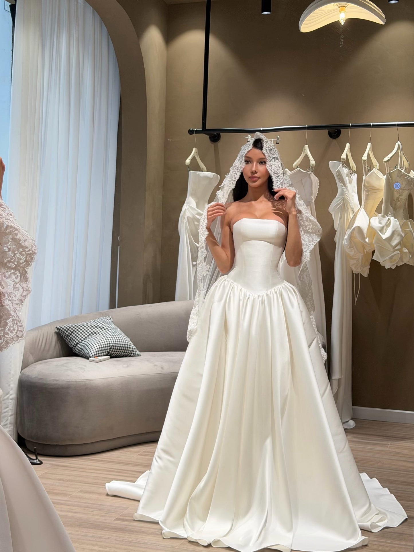 Strapless Satin Ball Gown with Lace Veil