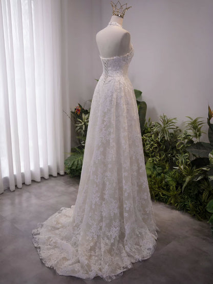 Halter Neck Floral Lace A-Line Wedding Dress