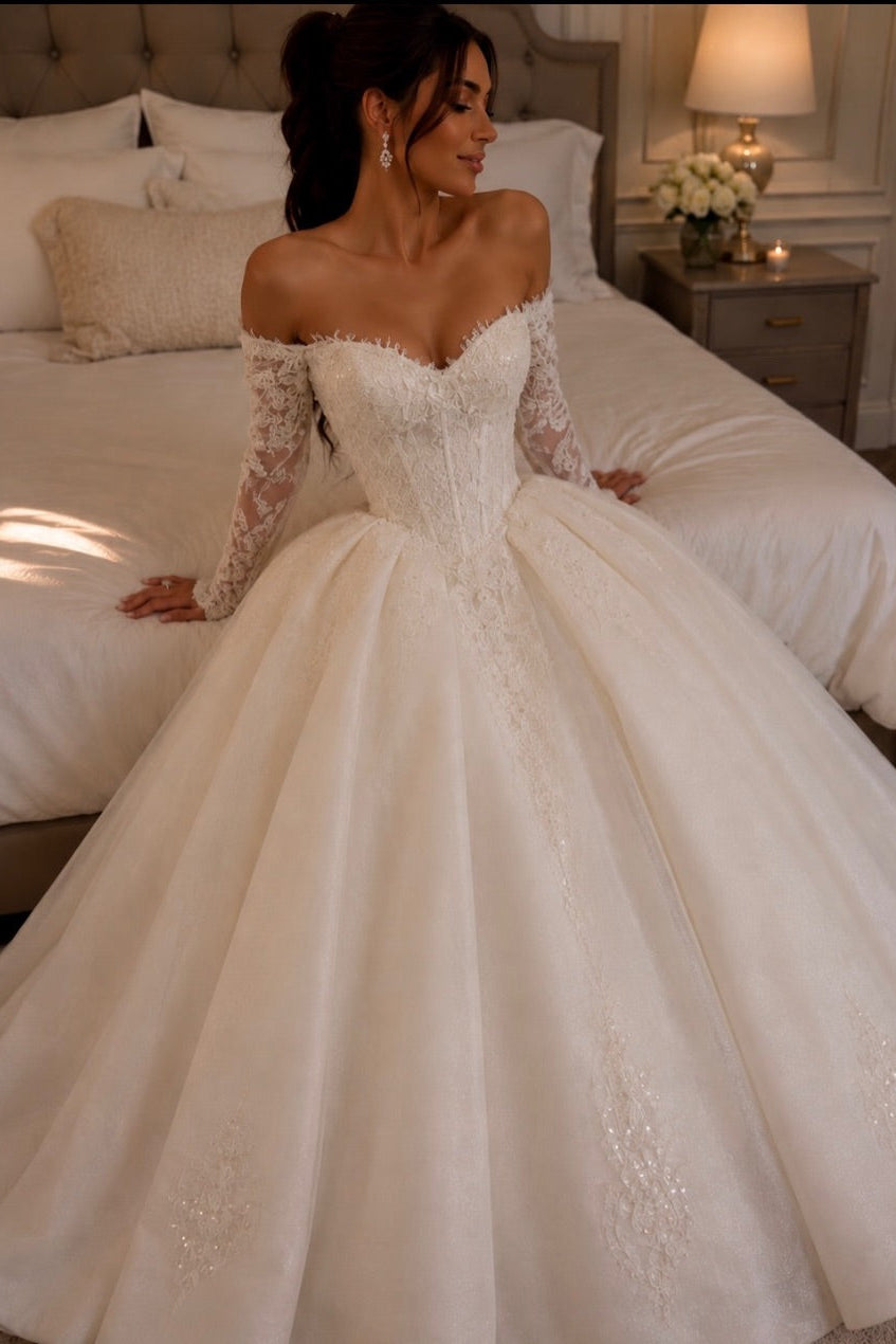 Off-the-Shoulder Lace Corset Ball Gown Wedding Dress